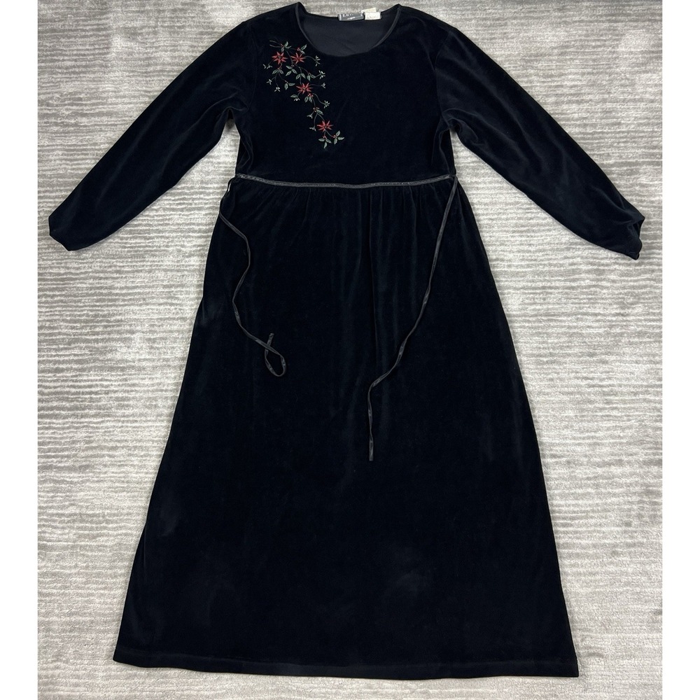 Erika Studio Dress Womens Medium Black Longsleeve Maxi Velour Floral Embroidered
